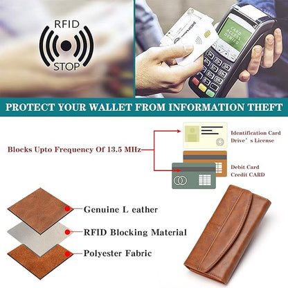 RFID Blocking Genuine Leather Wallet for Men and Women Large Capacity Phone and Credit Card Holder Organizer Purse (Light Brown)