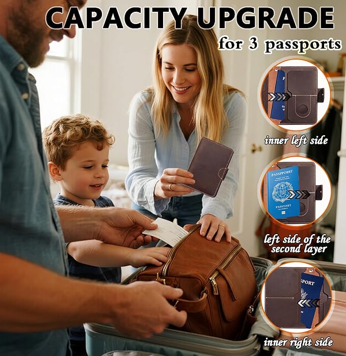 RFID Passport Holder for Travel with Airtag Slot(Hidden) - Genuine Leather Passport Wallet for 2 Passports, Large Capacity Passport Cover for Men & Women, Family & Couples, Christmas Gift