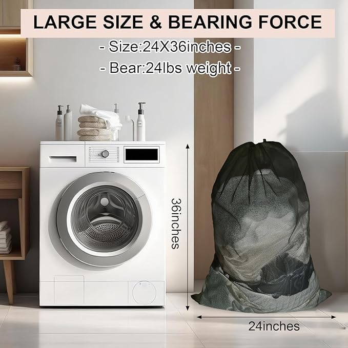 10-Pack Mesh Laundry Bags, 24 × 36 Inch Heavy-Duty Drawstring Mesh Bag Set (5 Black & 5 White) – Large Wash Bags for College, Dorm, Travel, Family & Apartment Use