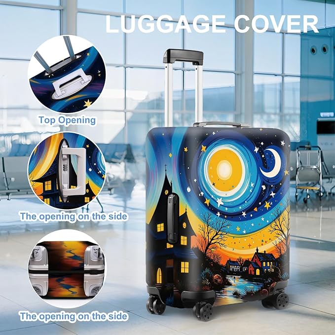 Starry Night Luggage Cover – Artistic Travel Suitcase Protector with Moon and Village Landscape Design, Elastic Washable Luggage Cover for 28''–30'' Suitcase,L