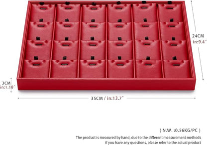 Oirlv Gorgeous Red Leather 24 Grid Jewelry Tray with Removable Inserts Jewelry Cards Stackable Necklace Trays Necklace Drawer Organizer