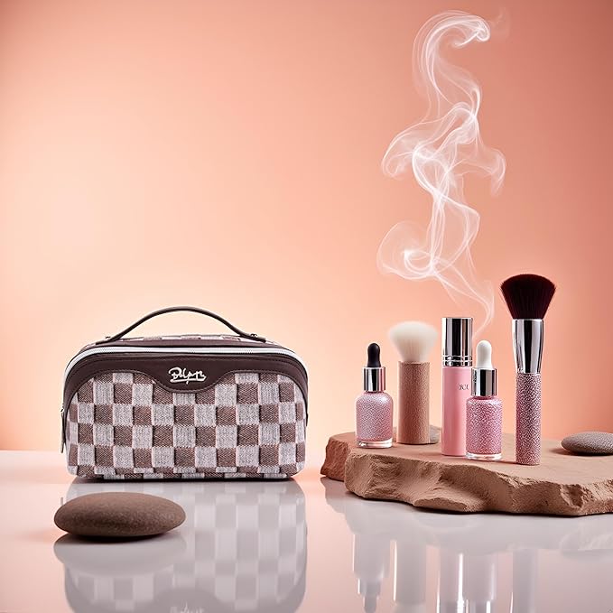 BOYATU Travel Makeup Bag for Women: Large Cosmetic Bag Set of 3 - PU Leather Make up Bag with Compartments - Compact Waterproof Toiletry Bag with Divider & Handle (D-3-Brown)