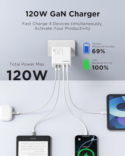 PISEN 120W USB C Charger - 120W 4-Port GaN USB C Charger Block Fast Charging with 6FT USB-C to C Cable, 120W Charger for MacBook Pro/Air, Pixelbook, iPad, iPhone Series, Samsung, Pixel 8, Steam Deck