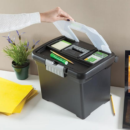 Sterilite Portable File Box, Stackable Storage Bin with Latching Lid and Handle, Plastic Container to Organize Papers in Home, Office, Black, 4-Pack