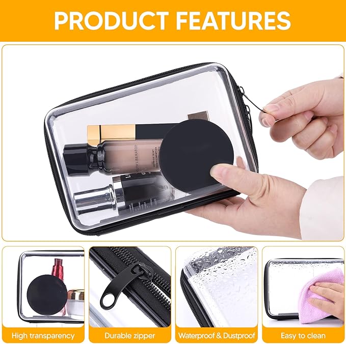 3Pcs Clear Zipper Pouch, PVC Plastic Cosmetic Travel Bag, Portable Travel Organizer Bins, Durable Makeup Bags for Storage, Pencil Case(Black-13.8+9.9+7.5inch)