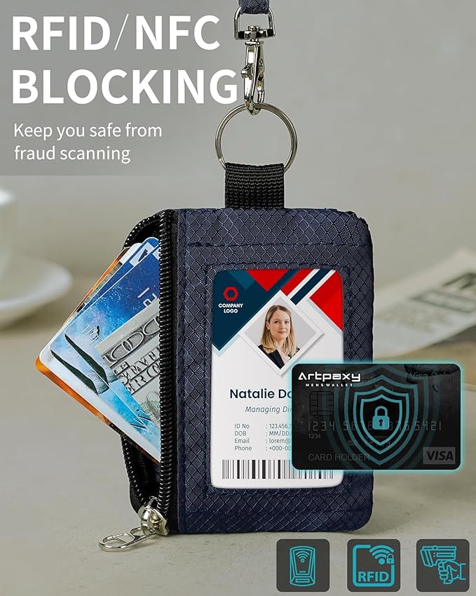 Minimalist Wallet For Mens Womens, Keychain RFID Blocking Zipper Small Wallet with ID Window 2 Lanyards,Water Resistant Travel Cash Card Coin Case Boys Girls