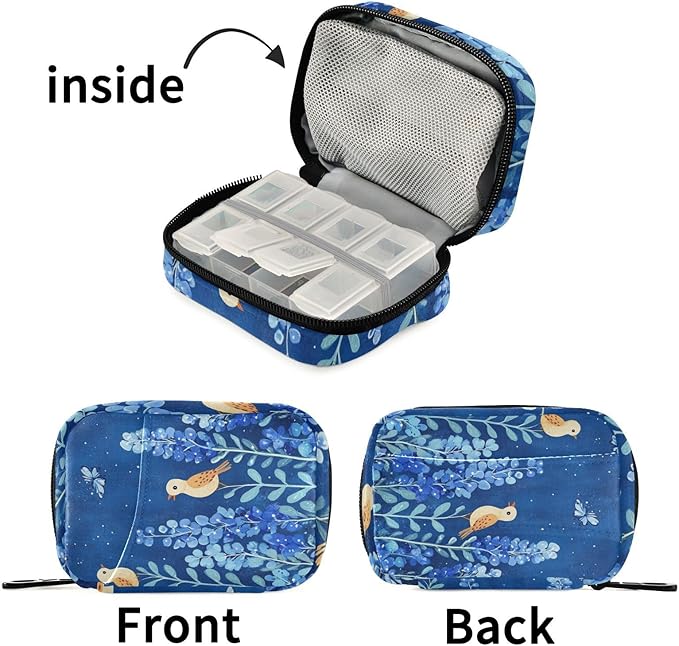 Bluebonnet Flowers and Birds Cute Pill Organizer 7 Day Large Capacity Pill Dispenser Case with 8 Pill Compartments Daily Pill Box Organizer Vitamin Holder Pill Bottle Organizer