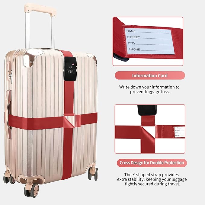 Luggage Straps, Wine-Red TSA-Approved Cross-Design Luggage Strap Belt with Customs Lock for Suitcases, 1-Pack Adjustable Heavy-Duty Cross Suitcase Straps with Name Tags for Travel and Carry-On Bags