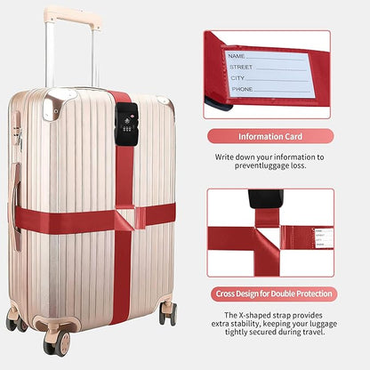 Luggage Straps, Wine-Red TSA-Approved Cross-Design Luggage Strap Belt with Customs Lock for Suitcases, 1-Pack Adjustable Heavy-Duty Cross Suitcase Straps with Name Tags for Travel and Carry-On Bags