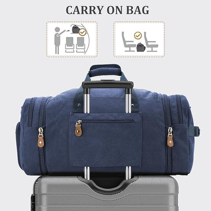Gonex Canvas Duffle Bag 60L Travel Duffel Overnight Weekend Bag with Shoe Compartment (Blue)