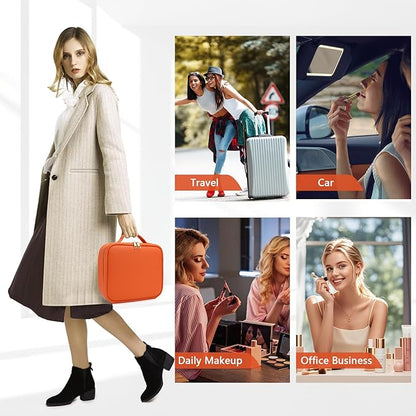 Travel Makeup Bag for Women and Makeup Artists Cosmetic Organizer Large Makeup Case,Travel Makeup Bag with Mirror 3 Color Setting,Portable Storage and Adjustable Dividers(orange)