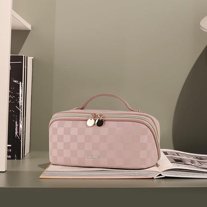 Prite Makeup Bag for Women Travel Waterproof Vegan Leather Cosmetic Bag Open Flat Toiletry Bag With Clear Divider and Handle (Plaid Pink)