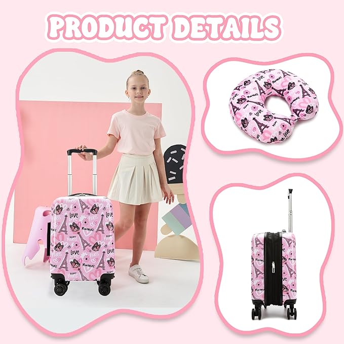 Kid's Luggage Set 3 Piece Suitcase Set 16" Hardside Luggage with Spinner Wheels Girls Carry on Toddler Travel Rolling Suitcase with Duffle Bag Neck Pillow Airline Approved