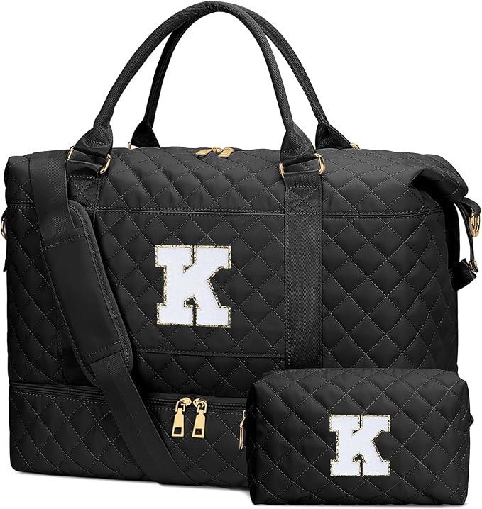 Gifts for Women Girls Initial Travel Duffle Bag Quilted Weekender Carry-On Overnight with Cosmetic Bag, Gym Bag with Shoe Compartment, Black K