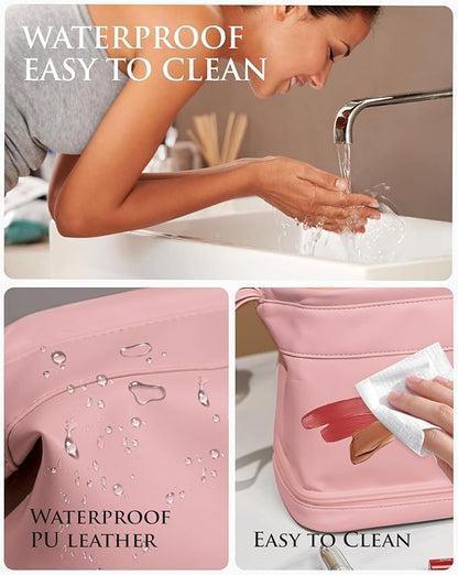 Wedding Gift Makeup Bag, Pink Stuff Cosmetic Bag with Makeup Brush Organizer, Waterproof, Large Capacity PU Leather Travel Toiletry Bag Retirement Gifts, Daughter Gifts
