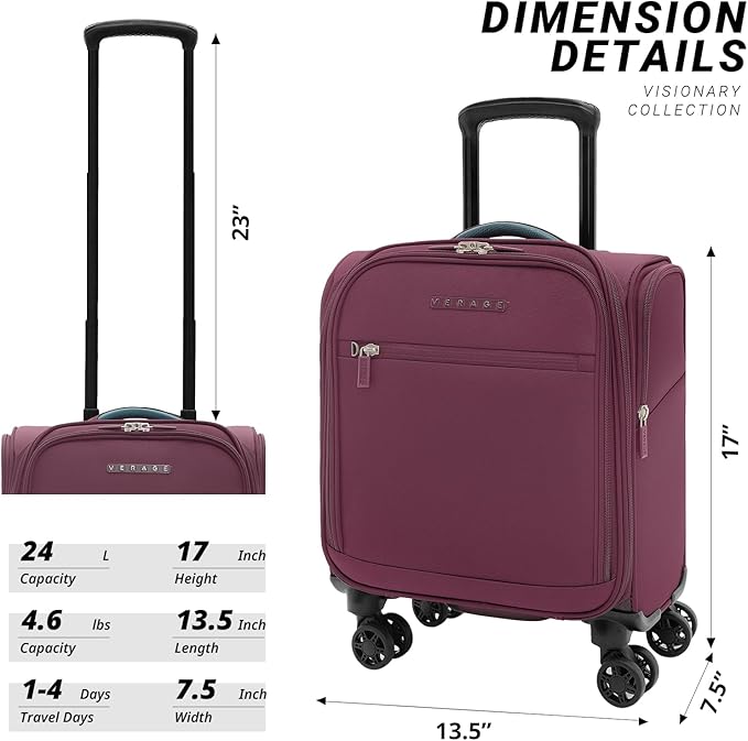 Verage Under Seat Luggage with Wheels，Softside Small Suitcase Spinner Carry On Luggage Bags for Airlines Airplanes Short Trip Men Women (Grape red, 14-Inch Underseat)