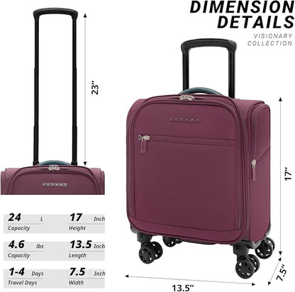 Verage Under Seat Luggage with Wheels，Softside Small Suitcase Spinner Carry On Luggage Bags for Airlines Airplanes Short Trip Men Women (Grape red, 14-Inch Underseat)