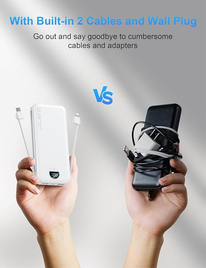 Portable Charger with Wall Plug, 12000mAh USB C Power Bank Fast Charging, External Battery Pack with Built in Cables, Digital Display, 5 Output 4 Input for iPhone Android Cell Phone Tablet