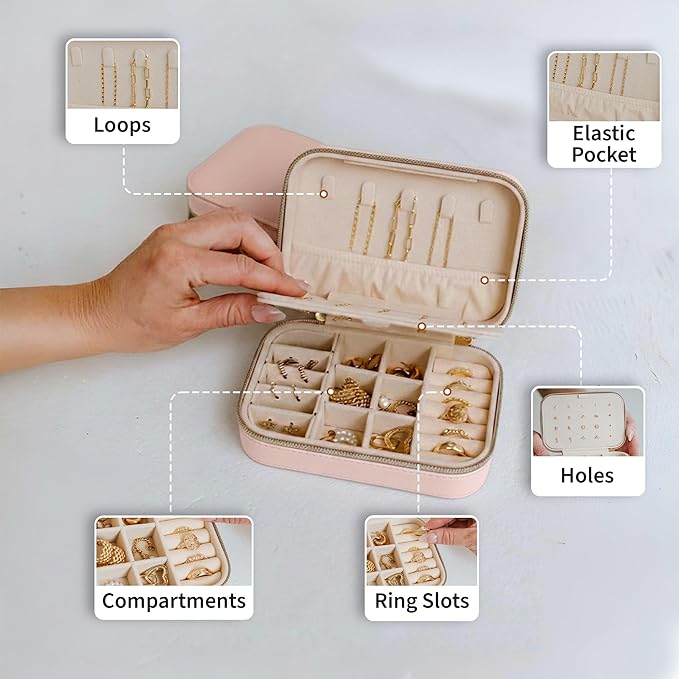 Small Travel Jewelry Box Organizer for women & Girls, Portable Small Travel Jewelry Case Organizer for Traveling, PU Leather Mini Box for Earrings, Necklaces, Rings, Bracelets - Pink