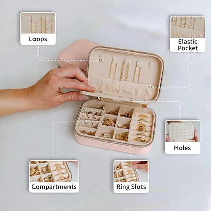 Small Travel Jewelry Box Organizer for women & Girls, Portable Small Travel Jewelry Case Organizer for Traveling, PU Leather Mini Box for Earrings, Necklaces, Rings, Bracelets - Pink