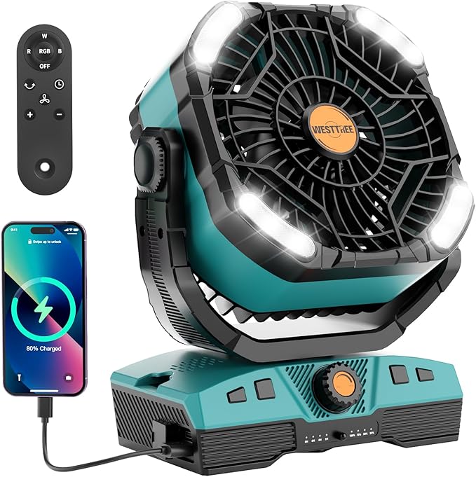Camping Fan Portable 20000mAh Oscillating Battery Powered Fan Rechargeable Camping essentials Tent Light Hook 270° Pivot Battery Operated USB Desk X68 Cyan