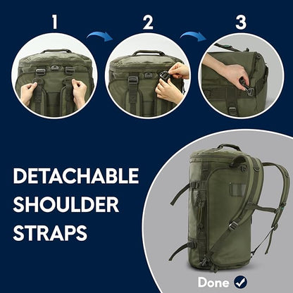 Haimont Large Duffle Bag Backpack for Men Women, 60L Convertible Travel Duffel Bags with Shoes Compartment, Carry on Durable Duffle for Sports Gym Hiking Camping, Water-resistant, Army Green