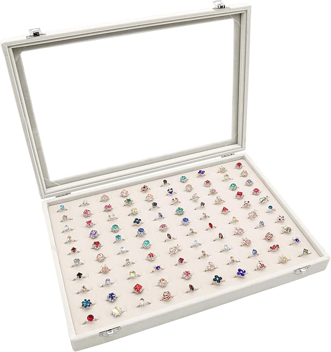 Stratalife Jewelry Organizer Ring Storage Display Tray with Clear Glass Lid Velvet Jewelry Showcase Ring Box for Multiple Rings Drawer Display 100 Slot (Beige)
