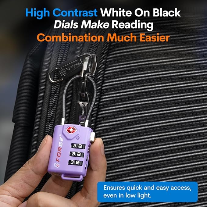Forge TSA Approved Luggage Locks, Re-settable Combination with Alloy Body, Light Purple 2 PK, for Luggage, Suitcase, Backpack and More.