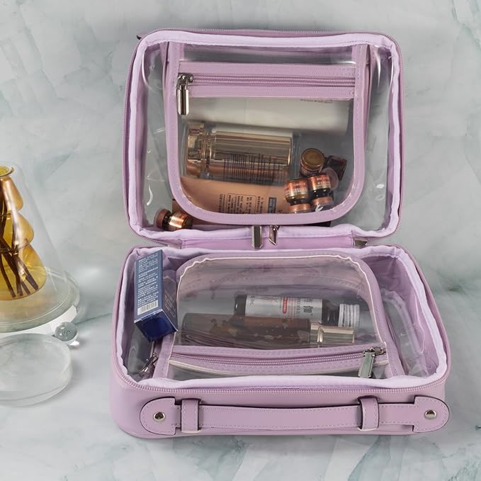 SANHECUN traveling toiletry bag large clear cosmetics case makeup bag Dimensions | LxWxH:10” x 4.5” x 7.5” (Purple, Medium)