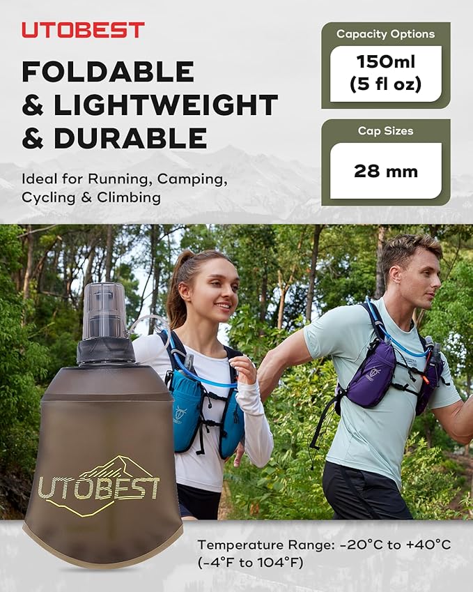 150ml Soft Flask, 2 Pack Flexible TPU Hydration Water Bottle, Collapsible with 28mm Caliber for Running, Hiking, Cycling, Climbing, and Marathon Yellow