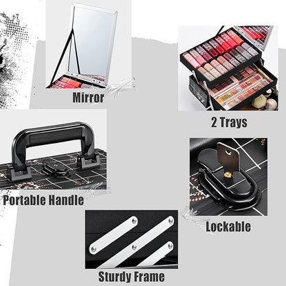 Joligrace Makeup Train Case Portable Makeup Case Organizer 2 Trays Cosmetic Box Storage with Mirror Lockable with Key for Cosmetics Nail Tech Traveling Makeup Travel Box Punk Love Hearts