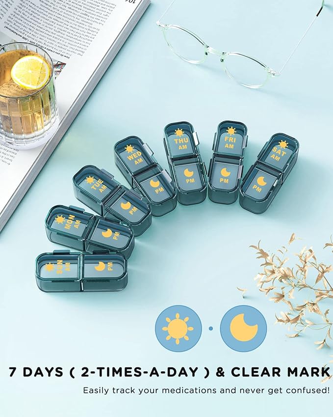 Am Pm Pill Organizer, Weekly Pill Box 2 Times A Day - Acedada 7 Day Pill Organizer with 7 Separate Containers, Portable Daily Medicine Dispenser Case for Vitamin, Fish Oils, Supplements, Stylish Blue