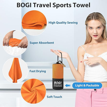 BOGI Microfiber Travel Sports Towel - Quick Dry, Soft Lightweight, Compact for Camping, Gym, Yoga, Swimming, Backpacking (XL:72''x32''+16''x16'' - Orange)