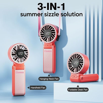 Portable Handheld Fan, 4000mAh Rechargeable, 6 Speed Settings, LCD Display, 3-in-1 Foldable Mini Desk Fan with Lanyard (Pink)