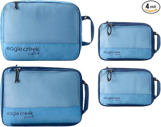Eagle Creek Pack-It Reveal Carry-On Set - Compression Cube S (2x) & M (1x) & Clean/Dirty Cube M - Angled Zipper Stackable Carry-On Packing Tubes - Travel Essentials - Blue Dawn