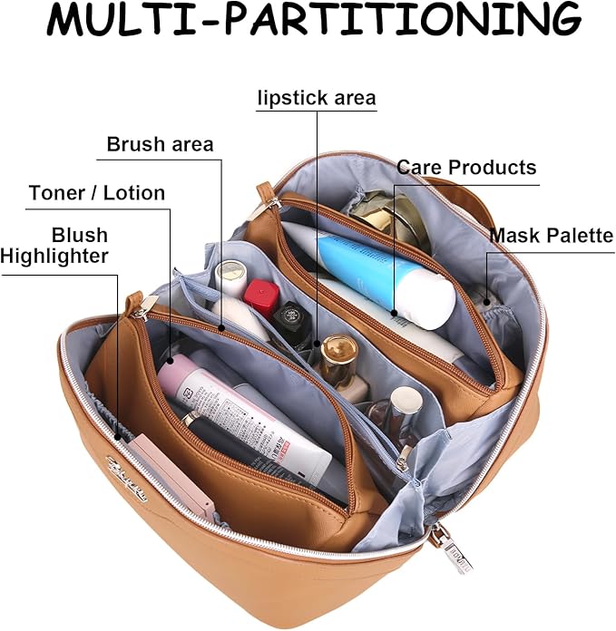 BOYATU Travel Makeup Bags for Women: Vegan Leather Cosmetic Bag Set of 3 - Large Capacity Make up Bag with Divider - Wide Open Waterproof Toiletry Organizer Bag with Handle (05-Brown)