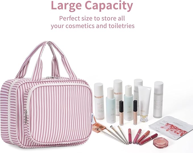 Narwey Striped Hanging Toiletry Bag for Women Travel Makeup Bag Organizer Toiletries Bag for Travel Size Essentials Accessories Cosmetics (Dusty Pink Stripe (Medium))
