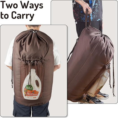 Large Laundry Backpack Bag with Detergent Holder and Adjustable Shoulder Straps, Clothes Laundry Backpack for College, Travel, Apartment, Laundromat, Dorm Room (Brown)