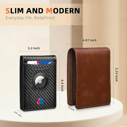 RUNBOX AirTag-Wallet-Mens-Slim-RFID Blocking Wallets Leather with Bill Compartment Air Tag Bifold Card Holder Wallet Gifts for Men Dad