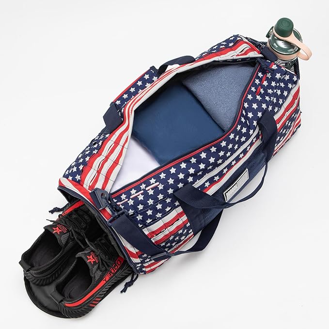 QT&QY 40L Military Tactical Duffel Bag For Men Sport Gym Bag Fitness Tote Travel Duffel Bags Training Workout Bag With Shoe Compartment Basketball Football Weekender Bag patriot Star Spangled