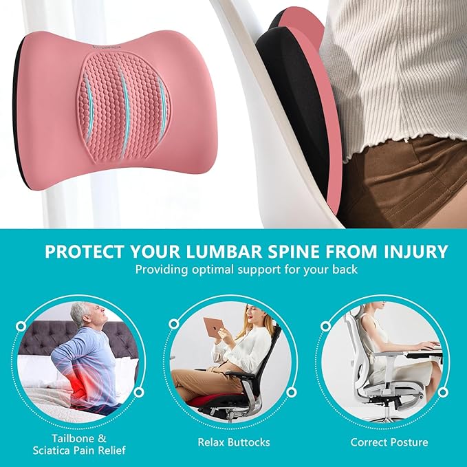 FLORICH 3 PCS Seat Cushion for Carseat Lumbar Support Pillow Car Neck Headrest Pillows Memory Foam Gel Memory Foam Massage Point Seat Pads Pressure Relief Back Cushion for Office Chair(Light Pink)