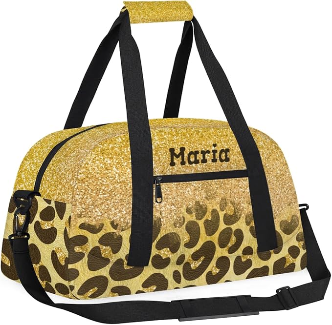 Personalized Kids Sports Duffel Bag with Name Custom Weekender Overnight Bag for Boys Girls Gym Bag Travel Dance Gymnastics Duffel Bag, Golden Glitter Leopard Print