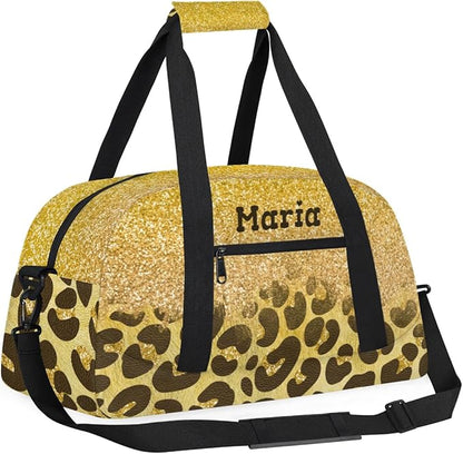 Personalized Kids Sports Duffel Bag with Name Custom Weekender Overnight Bag for Boys Girls Gym Bag Travel Dance Gymnastics Duffel Bag, Golden Glitter Leopard Print