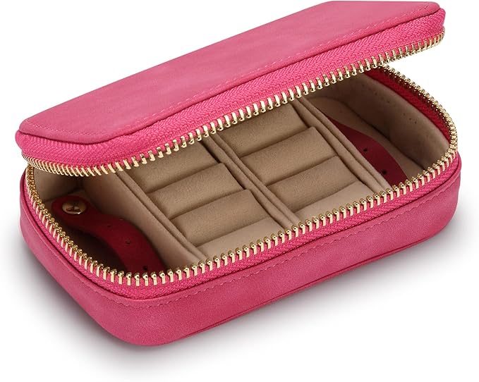 HISCOW Vegan Leather Travel Jewelry Case with Zipper - Portable Necklace & Earring Holder Organizer for Women Girls, Velvet-Lined Ring Box with Anti-Tarnish Design, Rose Red