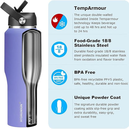 HYDROWION Water Bottle Stainless Steel,Vacuum Insulated Leak Proof Tumbler 32oz with Straw Lid, Spout Lid and Flex Cap(Cold for 48 Hrs, Hot for 24 Hrs), Fit in Any Car Cup Holder, Purple