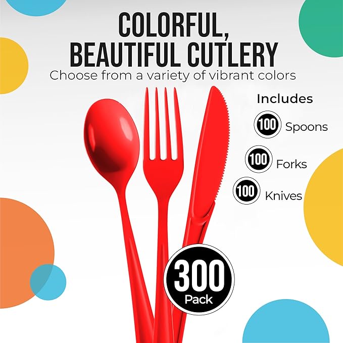 Red Plastic Silverware Heavy Duty 300 Pieces Red Disposable Silverware Heavy Duty, Utensil Sets, 100 Of Each Forks, Knives & Spoons Disposable Cutlery Set For Party Supplies
