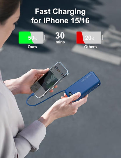 20000mAh Ultra-Portable-Charger-Power-Bank PD20W with Built in Cables&AC Wall Plug,Fast Charging Cell Phone Charger Battery Pack,LED Display Travel Battery Bank for All iPhone,Samsung,Android