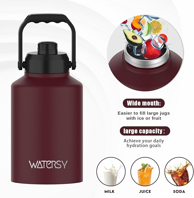 WATERSY 1 Gallon Water Bottle Insulated(Cold for 48 Hrs),BPA Free&Leak Proof,128oz Stainless Steel Water Jug,Big thermo,Large Water Bottle with Handle for Gym,Hiking,Camping&Travel,Brick Red