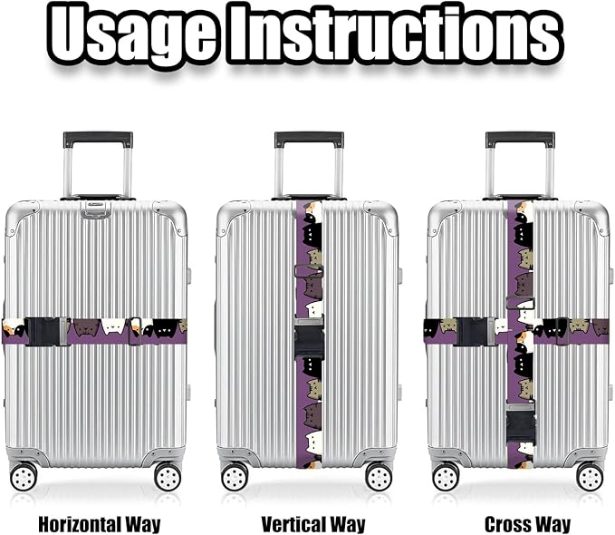 Nuxovilar Luggage Straps of 2 Set Cartoon Cats on Purple Pattern, Durable Material 1.96 * 70.86 Inches for Suitcases, Travel Essentials for 22-28 Inch Luggage, Perfect for Pet Lovers, Leisure Trips