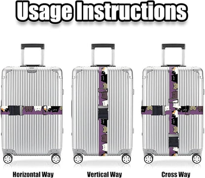 Nuxovilar Luggage Straps of 2 Set Cartoon Cats on Purple Pattern, Durable Material 1.96 * 70.86 Inches for Suitcases, Travel Essentials for 22-28 Inch Luggage, Perfect for Pet Lovers, Leisure Trips